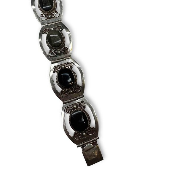 Vintage Mexico Alpaca Silver Gold Sheen Obsidian Panel Bracelet 7.25 - Picture 10 of 12